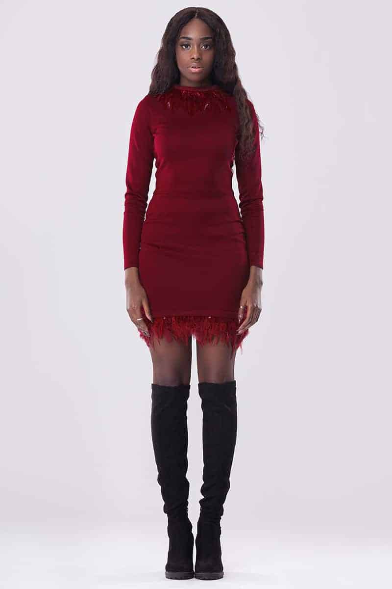 Red Mini Dress With Feathers - Bethany - Preby London