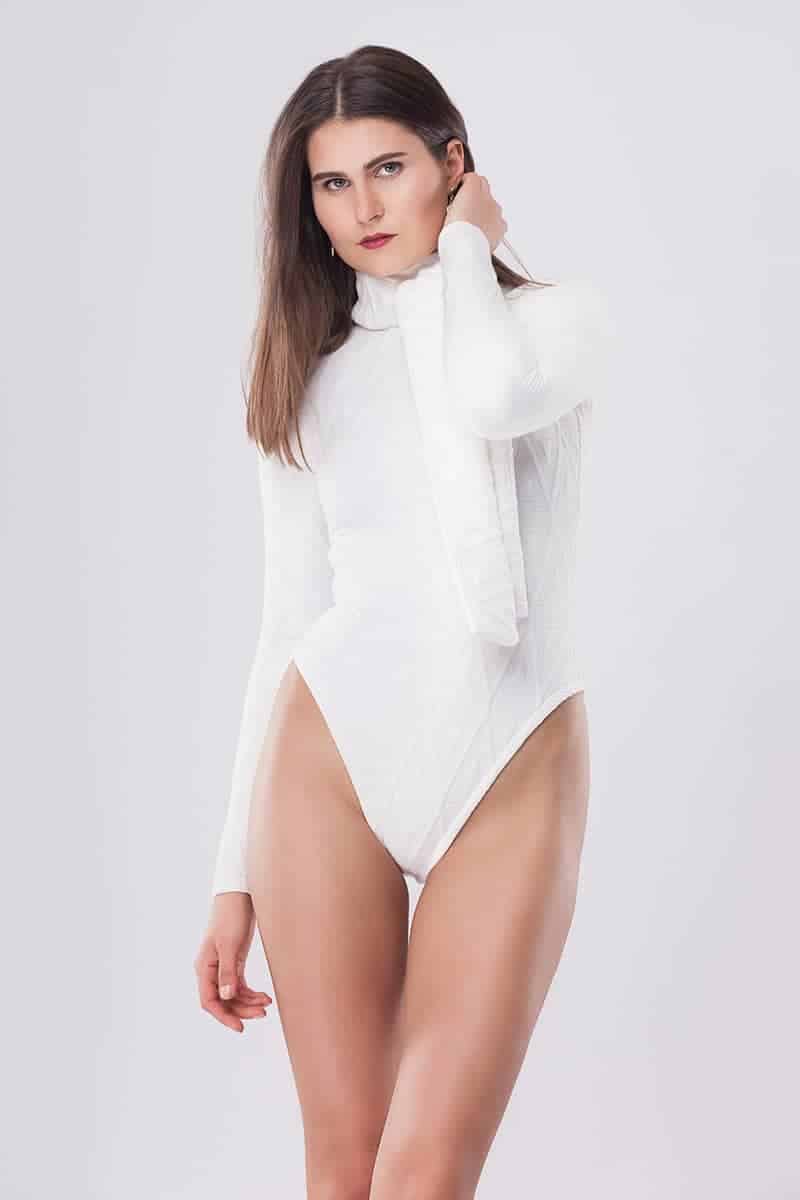 White Bodysuit In Stretch Fabric And Collar - Chelsea - Preby London